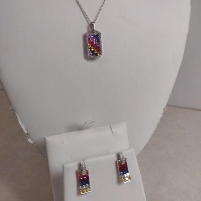 14K White Gold Solomon's Mine Mixed Gemstone Pendant Necklace with Matching Post Earrings 8.2 Grams (#1)