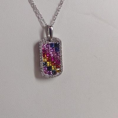 14K White Gold Solomon's Mine Mixed Gemstone Pendant Necklace with Matching Post Earrings 8.2 Grams (#1)