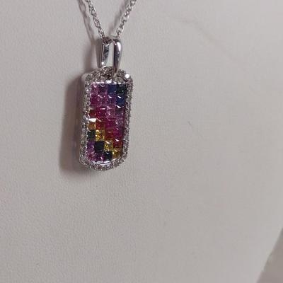 14K White Gold Solomon's Mine Mixed Gemstone Pendant Necklace with Matching Post Earrings 8.2 Grams (#1)