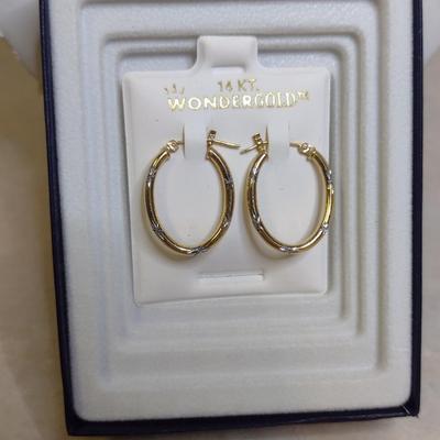 14K Yellow Gold Wondergold Hoop Post Earrings with White Starburst Design- Approx Total Weight 0.9 Grams (#2)