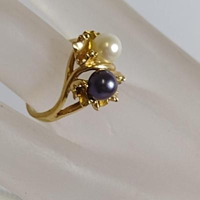 14K Yellow Gold Tahitian and White Pearl Ring Size 5.5 Total Weight 5.6 grams (#16)