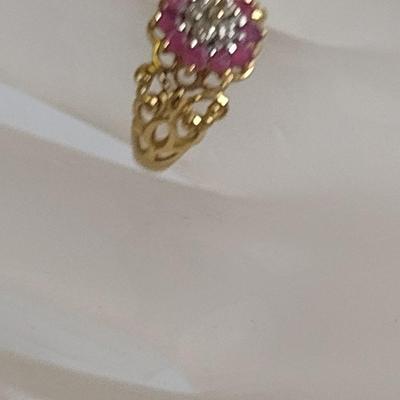10K Yellow Gold Ruby and Diamond Filigree Band Ring Size 6 Total Weight 3.0 Grams (#26)