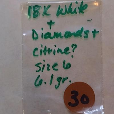 18K White Gold Emerald Cut Citrine and Diamond Cocktail Ring Size 6 Total Weight 6.1 grams (#30)