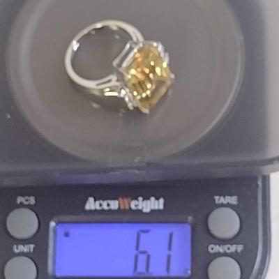 18K White Gold Emerald Cut Citrine and Diamond Cocktail Ring Size 6 Total Weight 6.1 grams (#30)