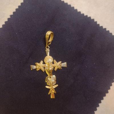 14K Yellow Gold Starfish and Sand Dollar Cross Charm Pendant Total Weight 7.7 grams (#34)