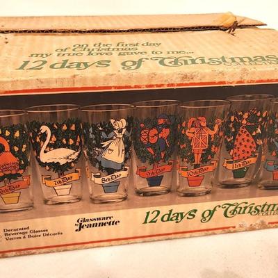 Lot #113 Vintage Set of 12 Days of Christmas Drinking Glasses - original box