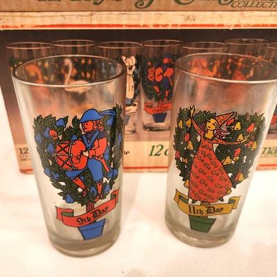 Lot #113 Vintage Set of 12 Days of Christmas Drinking Glasses - original box