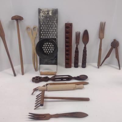 Vintage Primitive Kitchen Utensils- Spaetzle Maker, Forks, Spoons, etc.