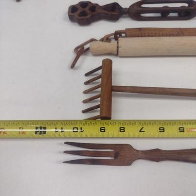 Vintage Primitive Kitchen Utensils- Spaetzle Maker, Forks, Spoons, etc.
