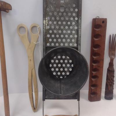 Vintage Primitive Kitchen Utensils- Spaetzle Maker, Forks, Spoons, etc.