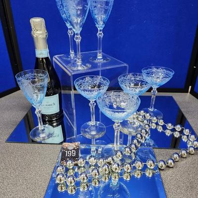 Fostoria Crystal Azure Blue in the Romance Pattern