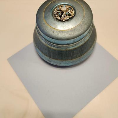 Blue Powder Puff Music Box with jeweled piece on top