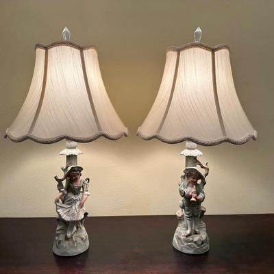Pair of Vintage Porcelain Figural Lamps – Boy & Girl in Pastoral Dress