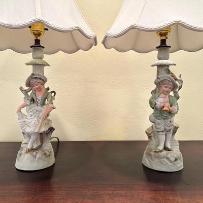 Pair of Vintage Porcelain Figural Lamps – Boy & Girl in Pastoral Dress