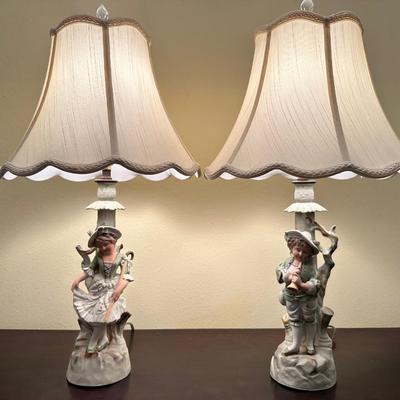 Pair of Vintage Porcelain Figural Lamps – Boy & Girl in Pastoral Dress