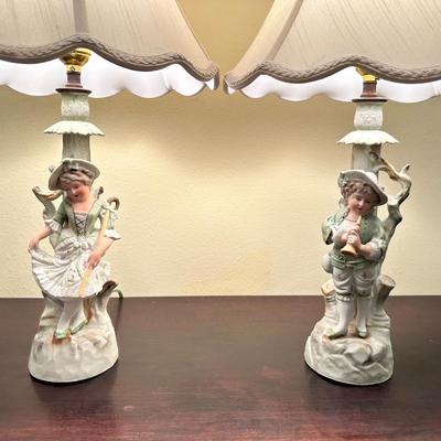 Pair of Vintage Porcelain Figural Lamps – Boy & Girl in Pastoral Dress