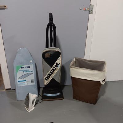 ORECK XTENDED LIFE VACUUM, CLOTHES HAMPER, IRON AND BOARD