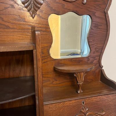 Oak Secretary With Curved Glass Cabinet (DR-MG)