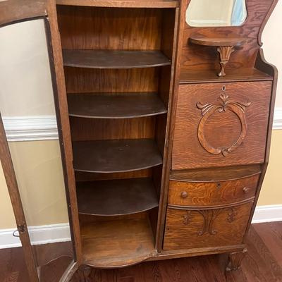 Oak Secretary With Curved Glass Cabinet (DR-MG)