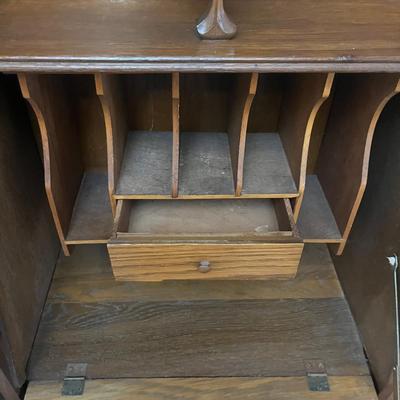 Oak Secretary With Curved Glass Cabinet (DR-MG)