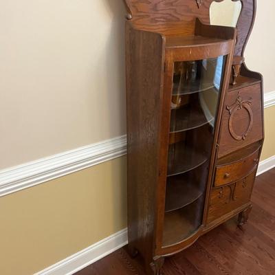Oak Secretary With Curved Glass Cabinet (DR-MG)