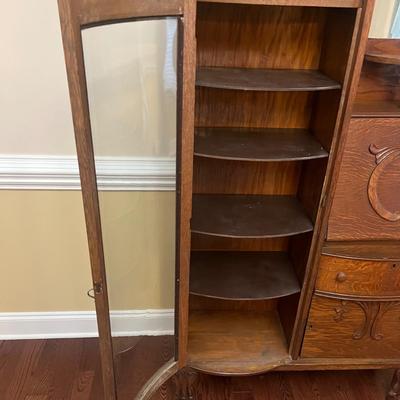 Oak Secretary With Curved Glass Cabinet (DR-MG)