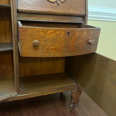 Oak Secretary With Curved Glass Cabinet (DR-MG)