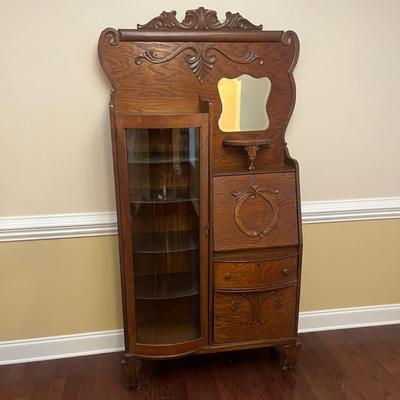 Oak Secretary With Curved Glass Cabinet (DR-MG)