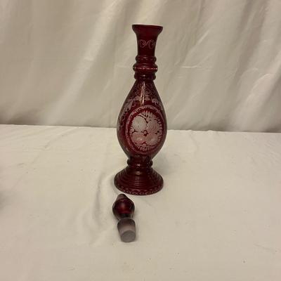 Bohemian Ruby Red Cut to Clear Glass Decanter & Five Cordial Glasses (DR-MG)