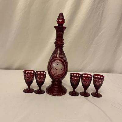 Bohemian Ruby Red Cut to Clear Glass Decanter & Five Cordial Glasses (DR-MG)