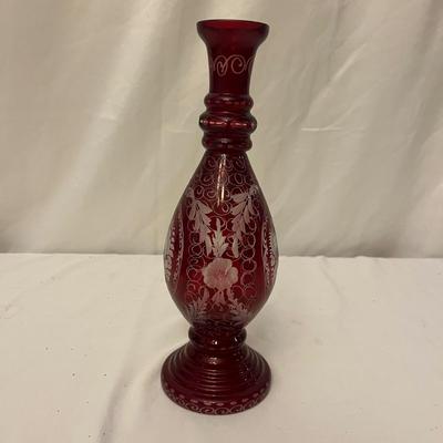 Bohemian Ruby Red Cut to Clear Glass Decanter & Five Cordial Glasses (DR-MG)