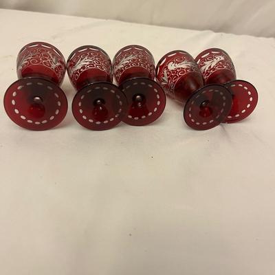 Bohemian Ruby Red Cut to Clear Glass Decanter & Five Cordial Glasses (DR-MG)