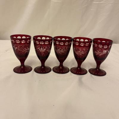 Bohemian Ruby Red Cut to Clear Glass Decanter & Five Cordial Glasses (DR-MG)