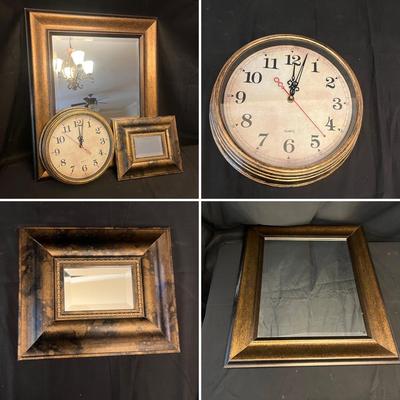 Two Wooden Framed Beveled Glass Mirrors & Quartz Wall Clipboard clock (O-MG)