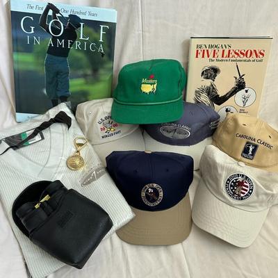 Golfer's Lot: 6 Baseball Caps, Books, Nike Shirt, Binoculars AND Tervis Tumbler (New) (B3)