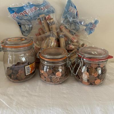 3 Jars of Glass Pennies & Rollers (K)