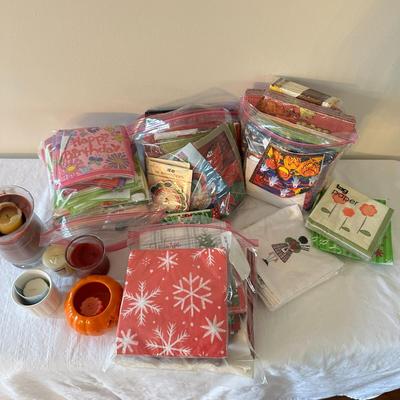 Huge Box of Mostly Paper Napkins, Holiday, BIrthday, etc. +Jim Shore & Candles (DR)