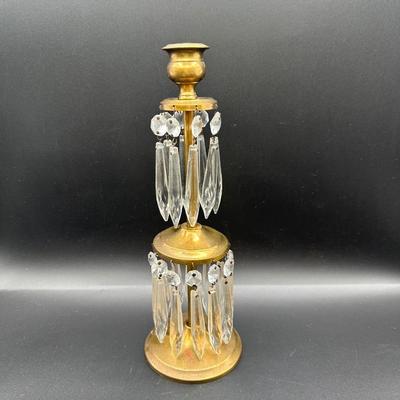 Brass Candlestick with Hanging Crystal Prisms