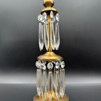 Brass Candlestick with Hanging Crystal Prisms