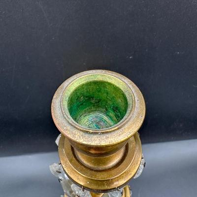 Brass Candlestick with Hanging Crystal Prisms