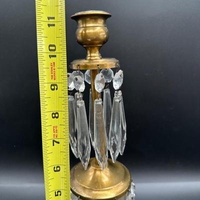 Brass Candlestick with Hanging Crystal Prisms