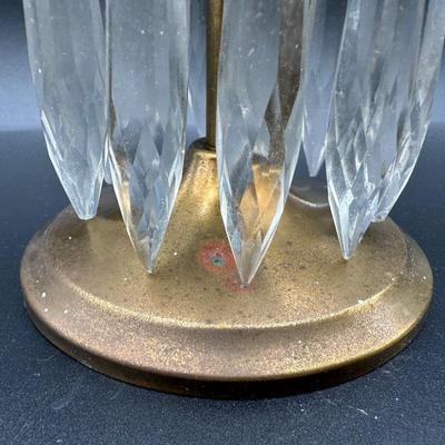 Brass Candlestick with Hanging Crystal Prisms