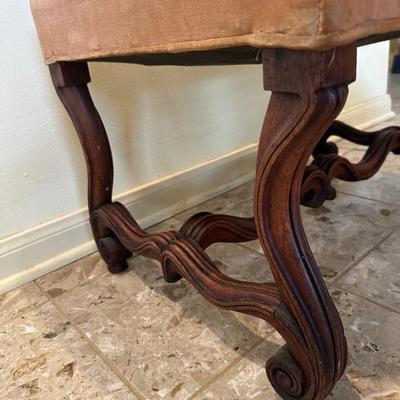 Vintage Upholstered Bench with Carved Cabriole Leg