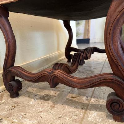 Vintage Upholstered Bench with Carved Cabriole Leg