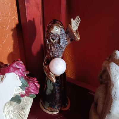 CLAY WIZARD, GARGOYLE AND A RESIN TYPE SKULL