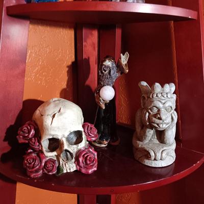 CLAY WIZARD, GARGOYLE AND A RESIN TYPE SKULL