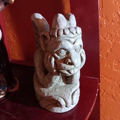 CLAY WIZARD, GARGOYLE AND A RESIN TYPE SKULL