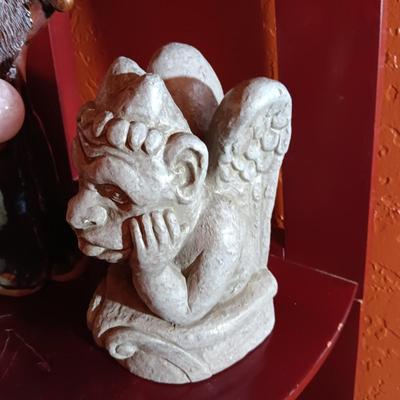 CLAY WIZARD, GARGOYLE AND A RESIN TYPE SKULL