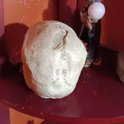 CLAY WIZARD, GARGOYLE AND A RESIN TYPE SKULL