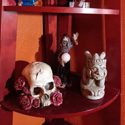 CLAY WIZARD, GARGOYLE AND A RESIN TYPE SKULL